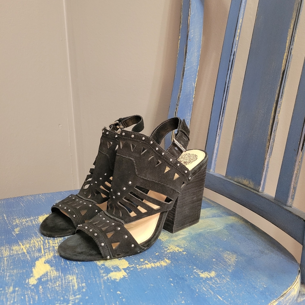 Vince Camuto Ranston Black Suede Studded Chunky Heels Open Toe Womens Size 8